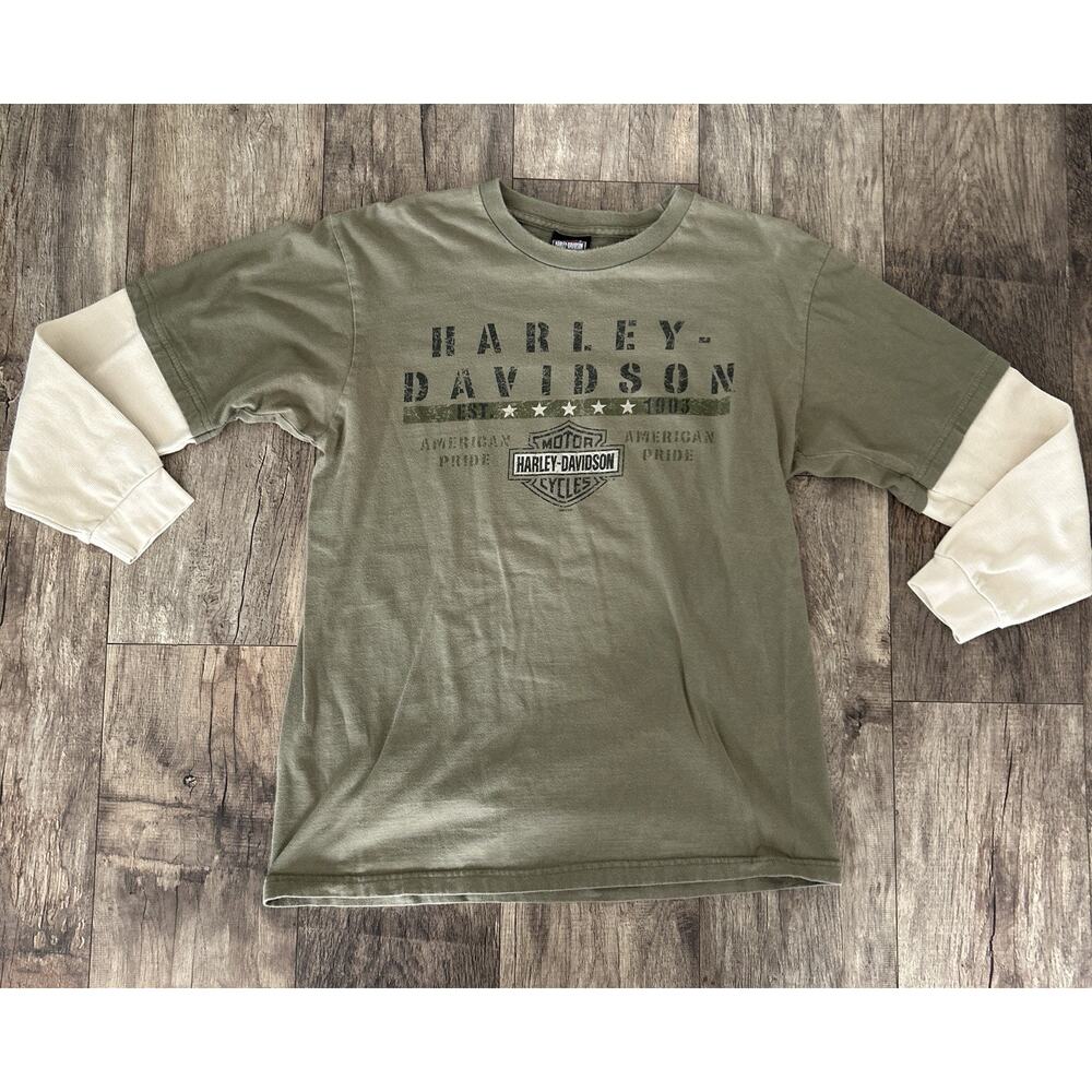 Harley Davidson American Pride Men’s L Army Green Long Sleeve Layered Shirt Y2K